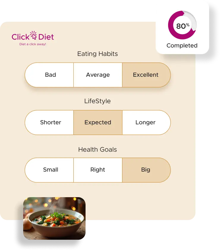 Questionnaire showing eating habits, lifestyle and health goal choices, 80% complete
